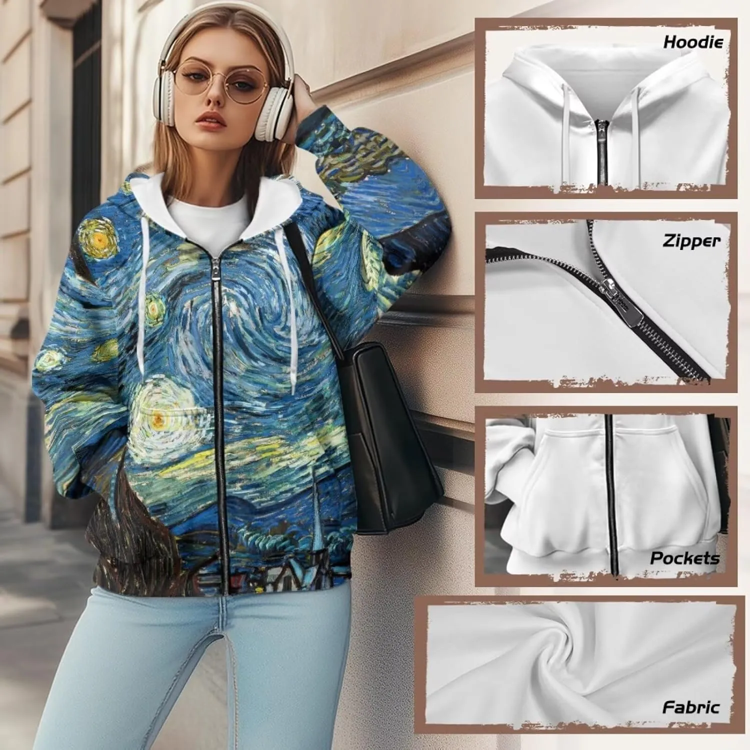 Starry Night Painting Women Full Zip-Up Hoodies 3D Print Graphic Sweatshirts Cool Novelty Hooded Hoodie