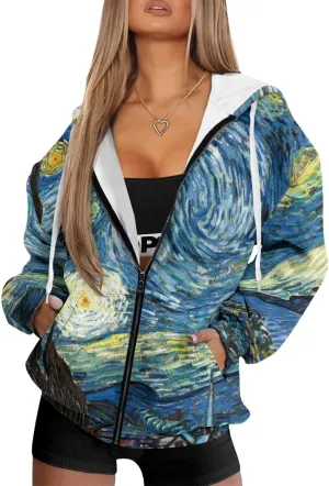 Starry Night Painting Women Full Zip-Up Hoodies 3D Print Graphic Sweatshirts Cool Novelty Hooded Hoodie