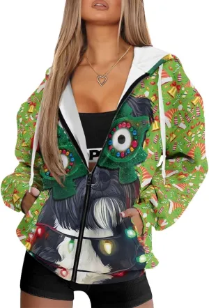 Starry Night Painting Women Full Zip-Up Hoodies 3D Print Graphic Sweatshirts Cool Novelty Hooded Hoodie