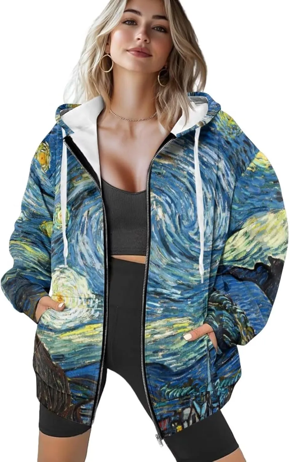 Starry Night Painting Women Full Zip-Up Hoodies 3D Print Graphic Sweatshirts Cool Novelty Hooded Hoodie