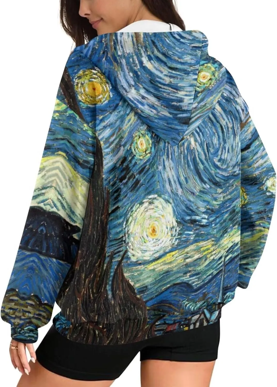 Starry Night Painting Women Full Zip-Up Hoodies 3D Print Graphic Sweatshirts Cool Novelty Hooded Hoodie