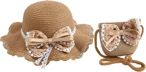 Sun Hat Sun Protection Bowknot Straw Hat with a Bag Summer Beach Travel Cycling Headgear for Girls