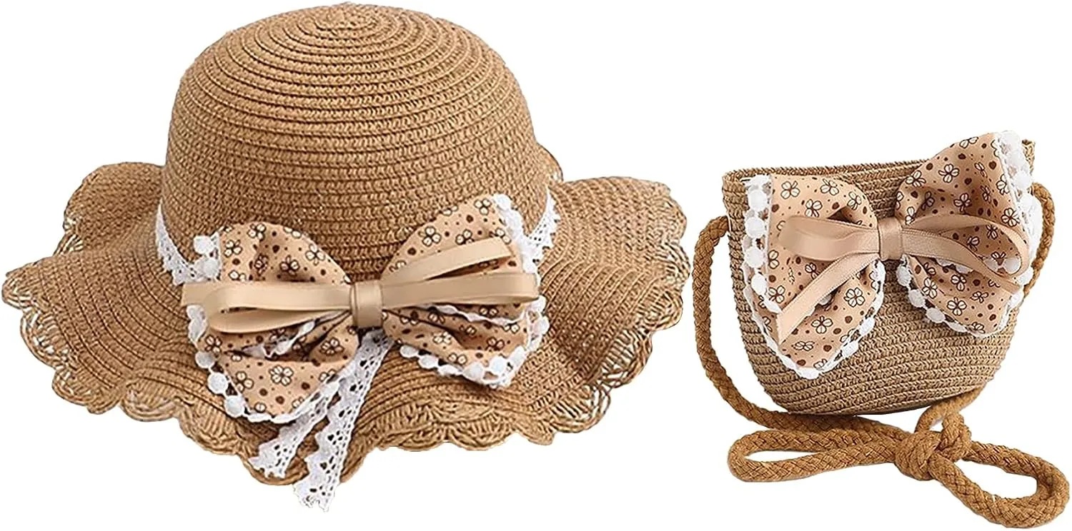 Sun Hat Sun Protection Bowknot Straw Hat with a Bag Summer Beach Travel Cycling Headgear for Girls