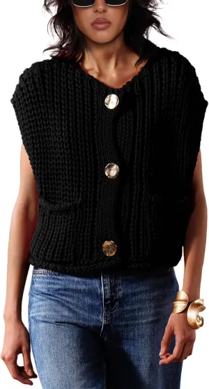 Sweater Vest for Women 2025 Casual Cropped Open Front Sleeveless Chunky Knit Top Button Down Cardigan with Pockets