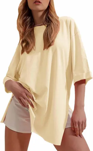 Tankaneo Womens Half Sleeve Oversized Tunic Tops Summer Basic Casual Loose Fit Crew Neck T-Shirt