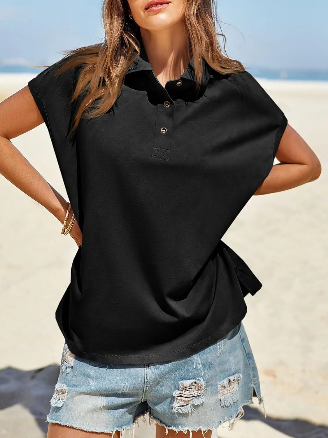Tankaneo Womens Oversized Cap Sleeve Polo Shirts Summer Casual V Neck Tops Loose Fit Collared Cotton Tee Shirts