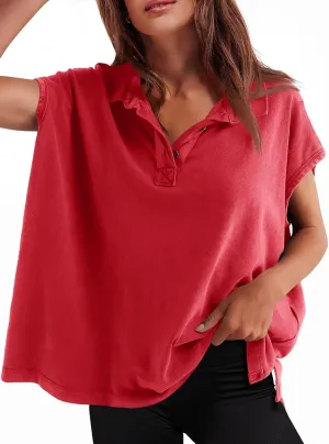 Tankaneo Womens Oversized Cap Sleeve Polo Shirts Summer Casual V Neck Tops Loose Fit Collared Cotton Tee Shirts