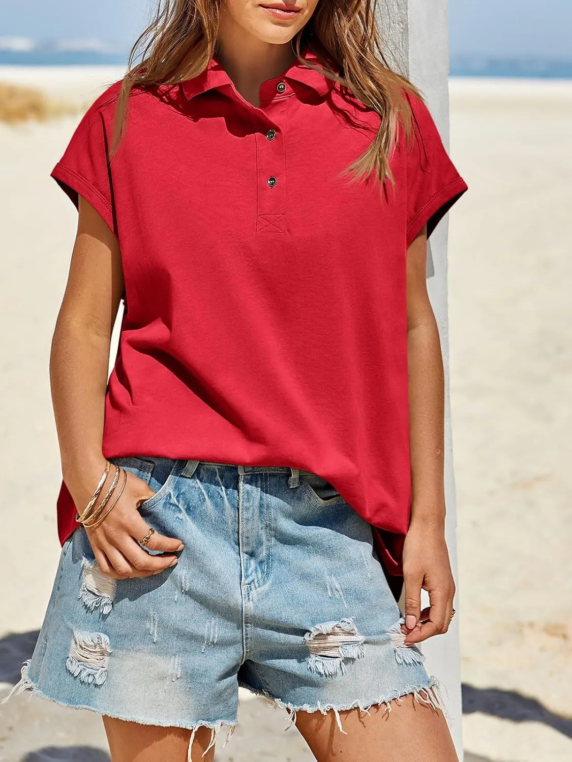 Tankaneo Womens Oversized Cap Sleeve Polo Shirts Summer Casual V Neck Tops Loose Fit Collared Cotton Tee Shirts