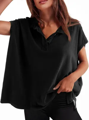 Tankaneo Womens Oversized Cap Sleeve Polo Shirts Summer Casual V Neck Tops Loose Fit Collared Cotton Tee Shirts