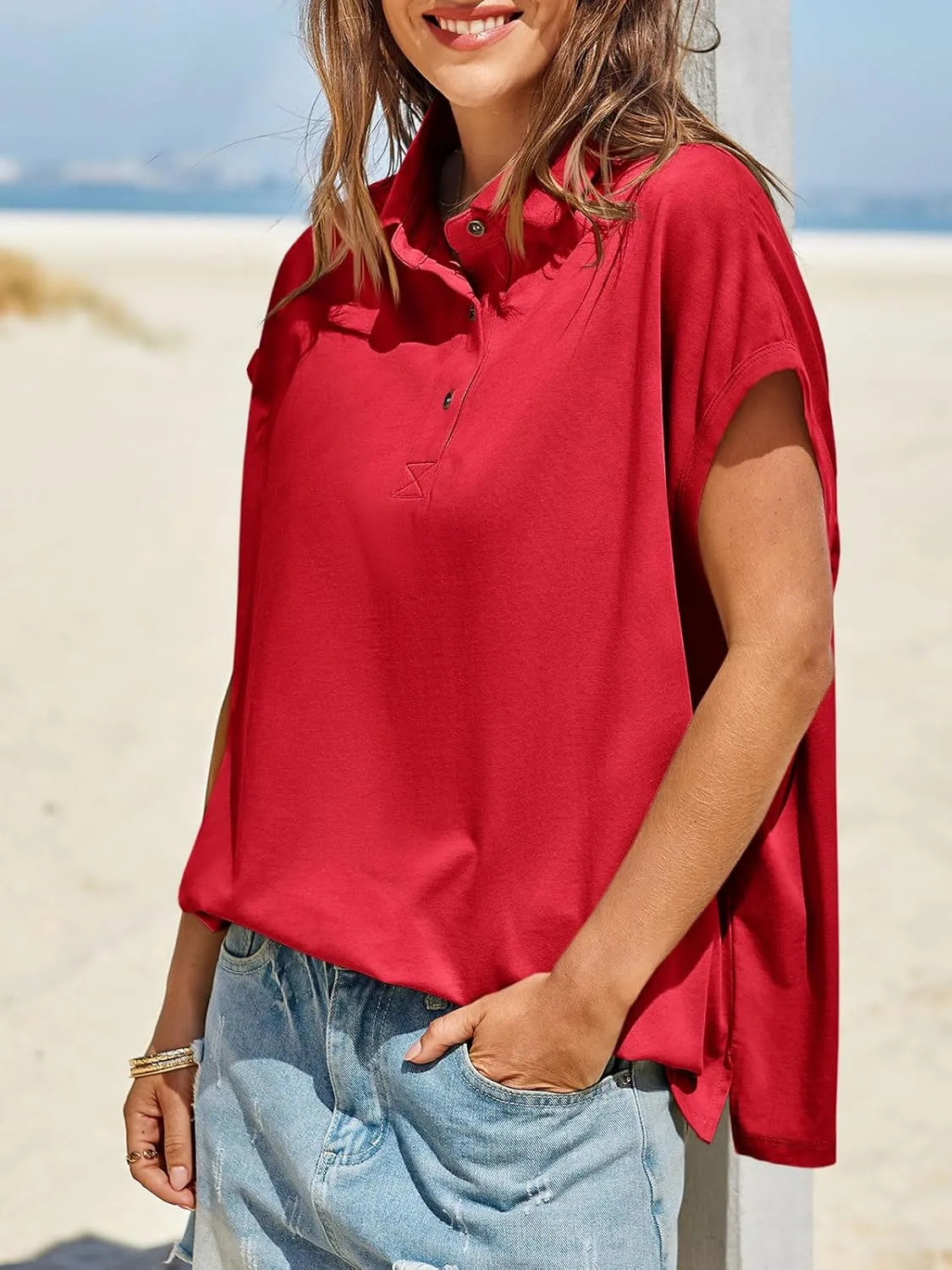 Tankaneo Womens Oversized Cap Sleeve Polo Shirts Summer Casual V Neck Tops Loose Fit Collared Cotton Tee Shirts