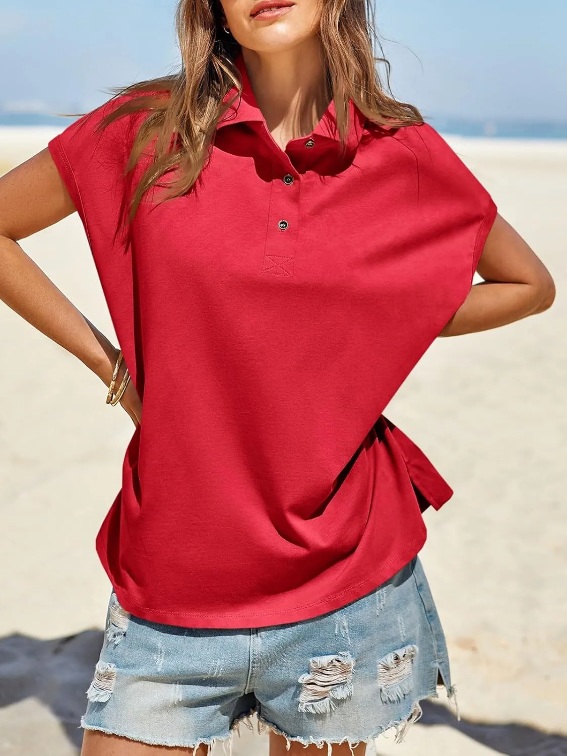 Tankaneo Womens Oversized Cap Sleeve Polo Shirts Summer Casual V Neck Tops Loose Fit Collared Cotton Tee Shirts