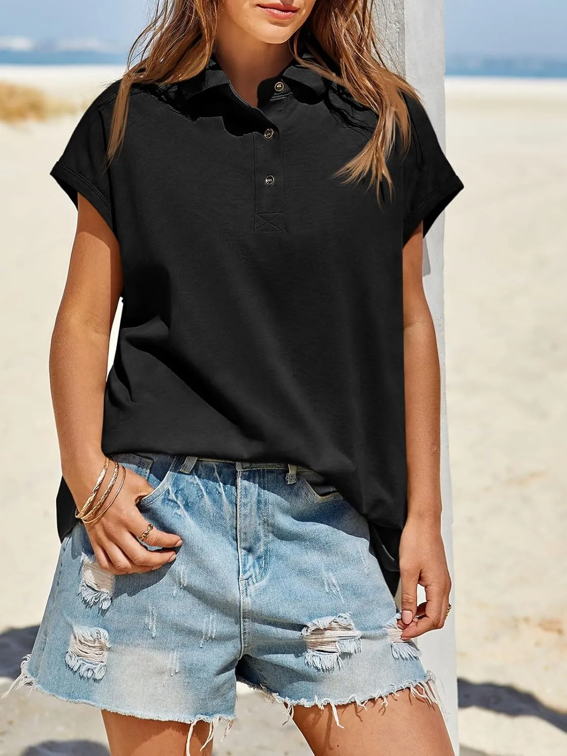 Tankaneo Womens Oversized Cap Sleeve Polo Shirts Summer Casual V Neck Tops Loose Fit Collared Cotton Tee Shirts
