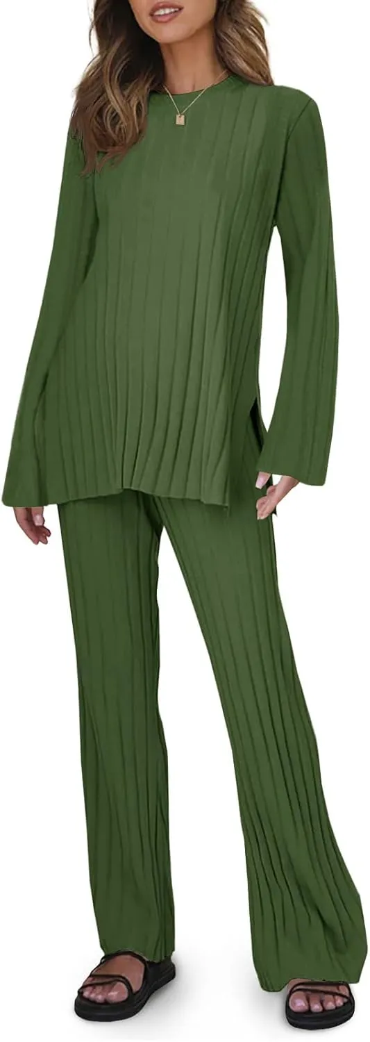 Tankaneo Womens Ribbed Knit Lounge Sets 2 Piece Outfit Long Sleeve Top and Pant Sets Casual Pajamas Set