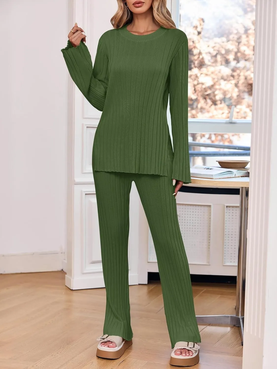 Tankaneo Womens Ribbed Knit Lounge Sets 2 Piece Outfit Long Sleeve Top and Pant Sets Casual Pajamas Set