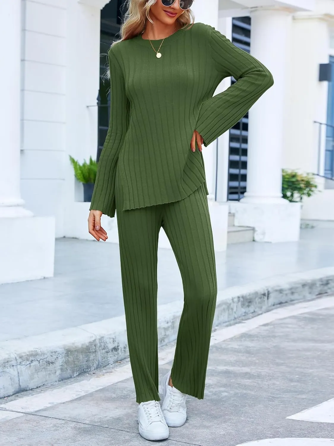 Tankaneo Womens Ribbed Knit Lounge Sets 2 Piece Outfit Long Sleeve Top and Pant Sets Casual Pajamas Set