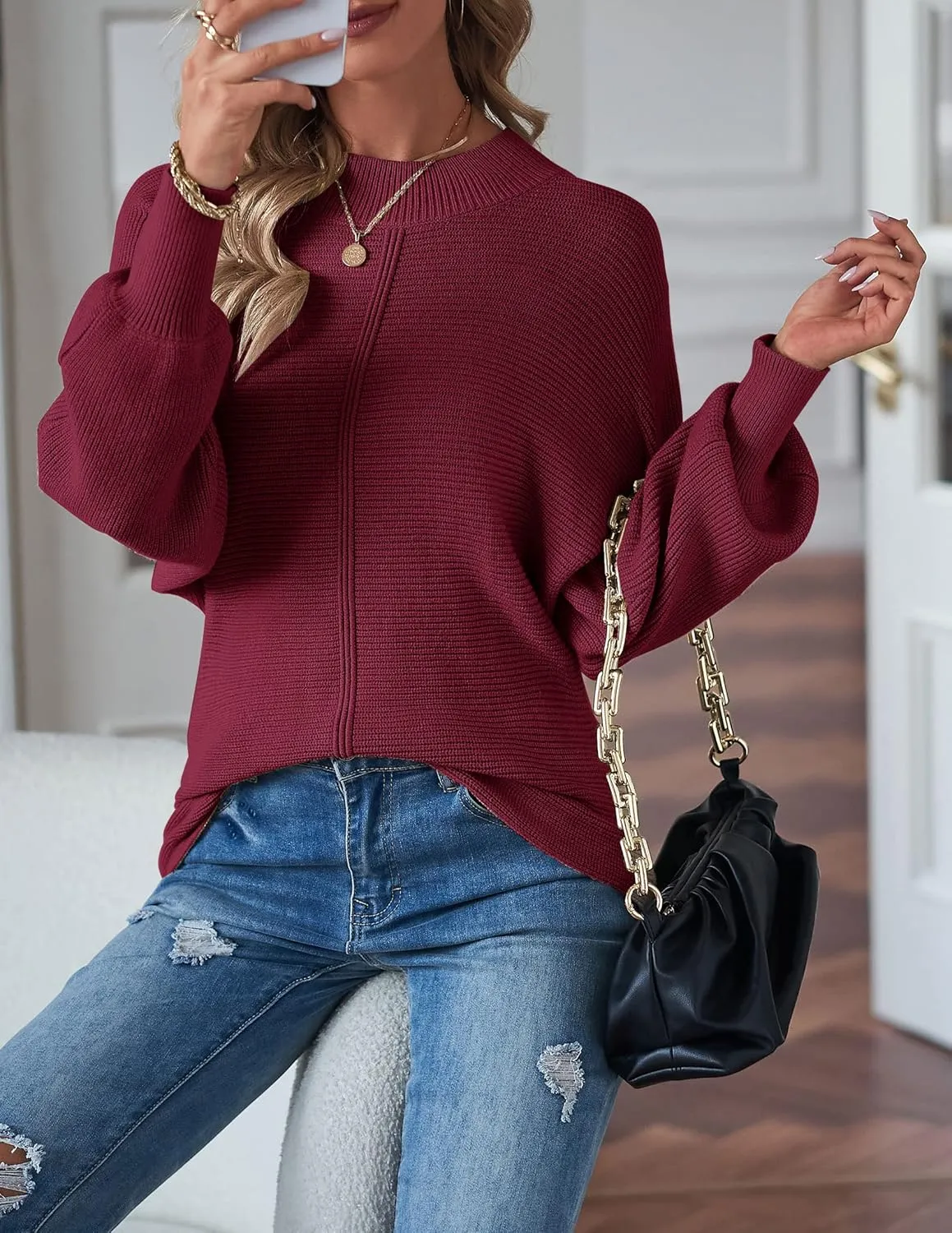 TECREW Women's Batwing Long Sleeve Crew Neck Pullover Sweater Soft Ribbed Knit Sweater Top