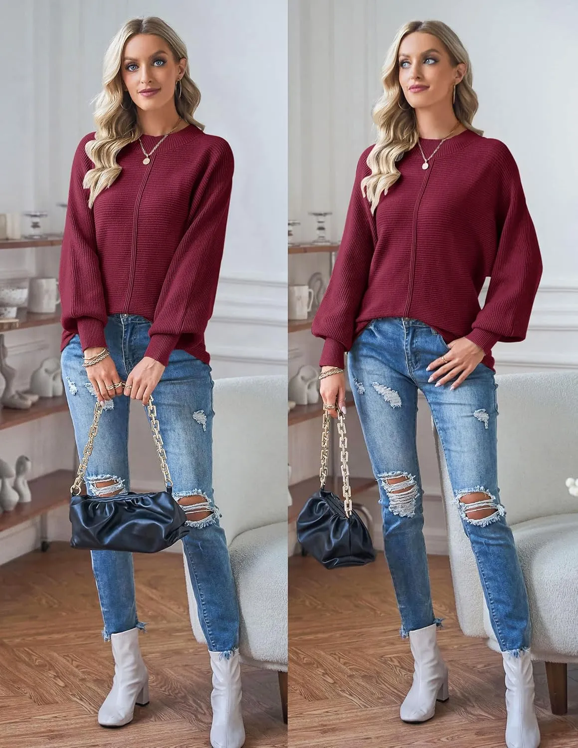 TECREW Women's Batwing Long Sleeve Crew Neck Pullover Sweater Soft Ribbed Knit Sweater Top