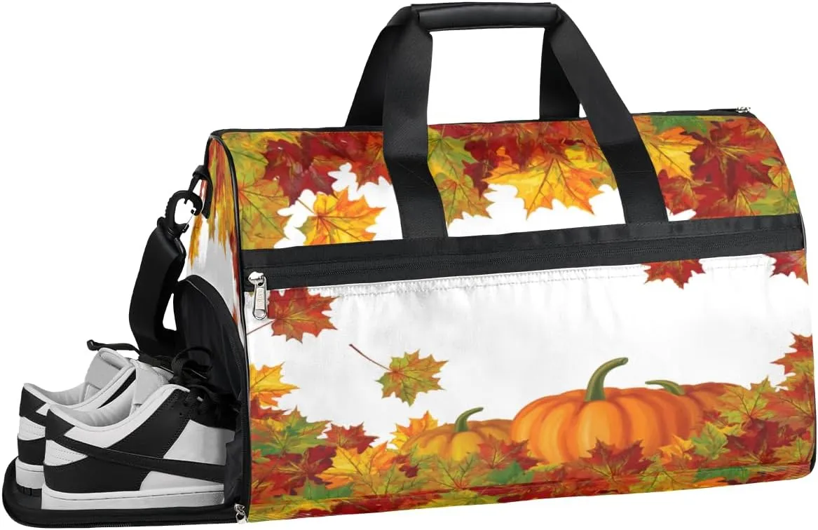 Thanksgiving Pumpkin Maple Sports Gym Bag with Wet Pocket & Shoes Compartment Waterproof Workout Duffel Bag for Women and Men Weekender Overnight Duffle Bag Travel Carry-on Tote