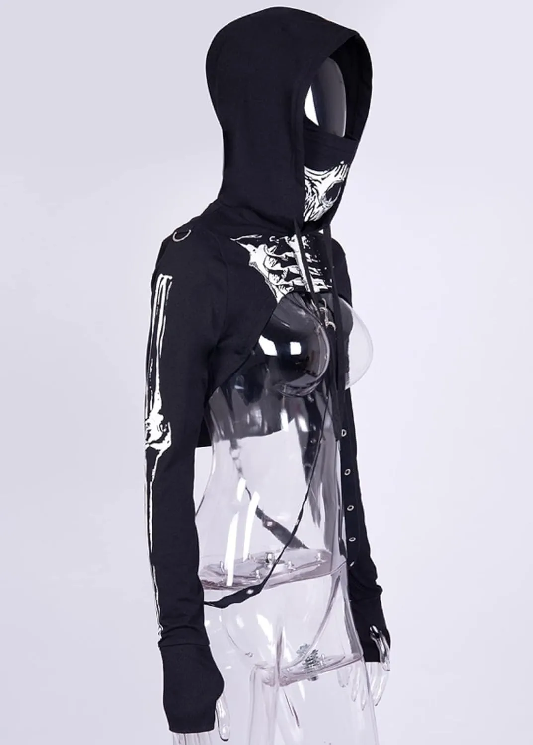 TSMNZMU Womens Gothic Cropped Hoodie Long Sleeve Punk Grunge Skull Print Shirt Mall Goth Alt Emo Tops with Iron Chain