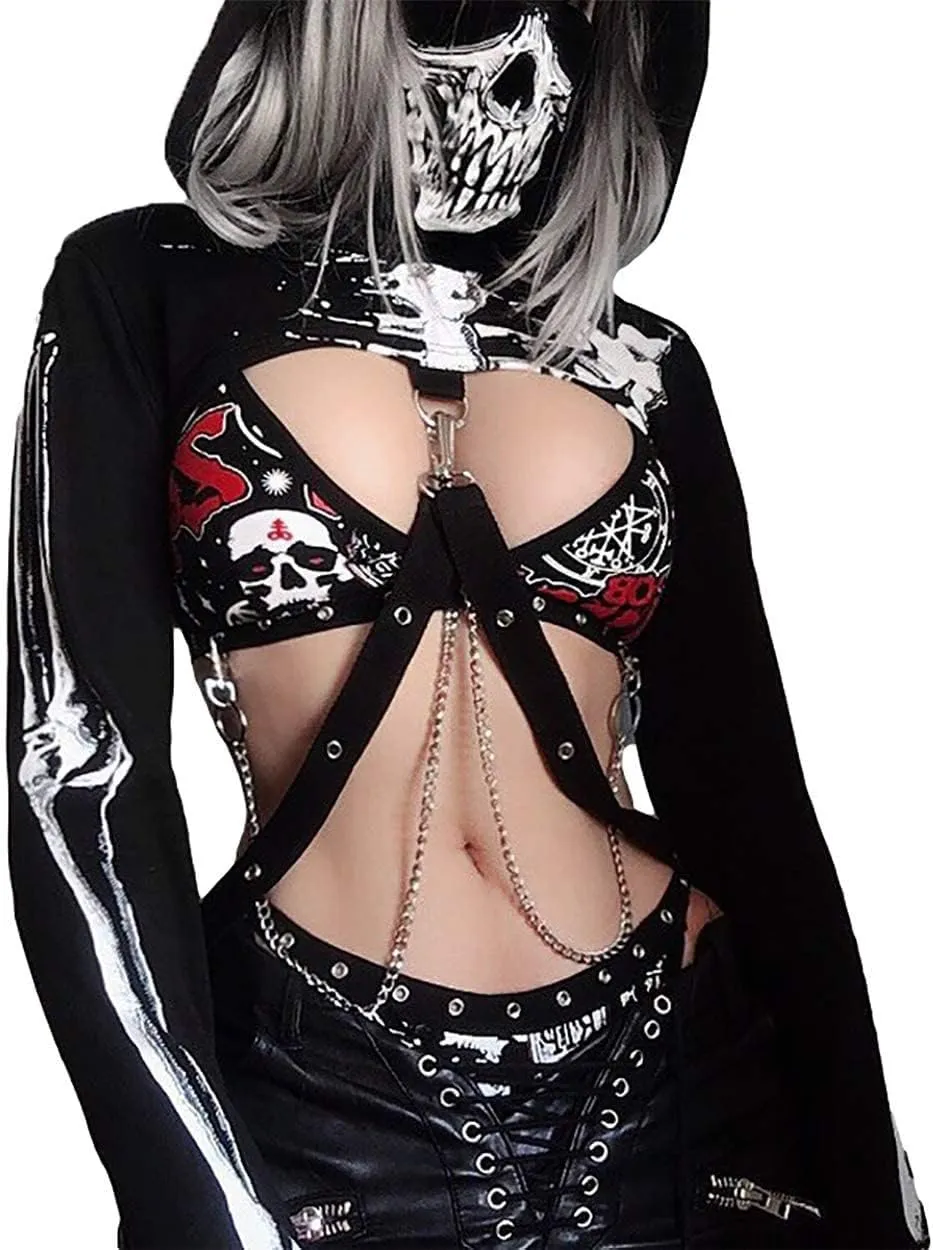 TSMNZMU Womens Gothic Cropped Hoodie Long Sleeve Punk Grunge Skull Print Shirt Mall Goth Alt Emo Tops with Iron Chain
