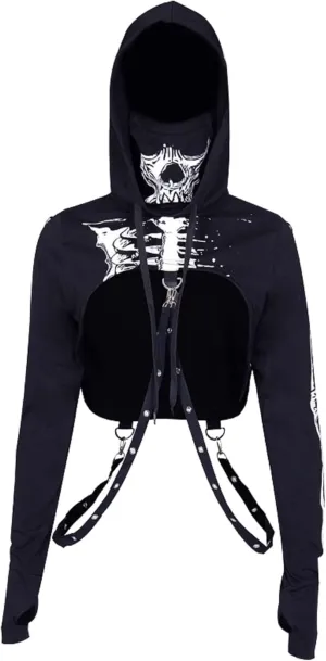 TSMNZMU Womens Gothic Cropped Hoodie Long Sleeve Punk Grunge Skull Print Shirt Mall Goth Alt Emo Tops with Iron Chain
