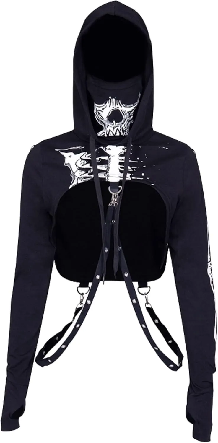 TSMNZMU Womens Gothic Cropped Hoodie Long Sleeve Punk Grunge Skull Print Shirt Mall Goth Alt Emo Tops with Iron Chain