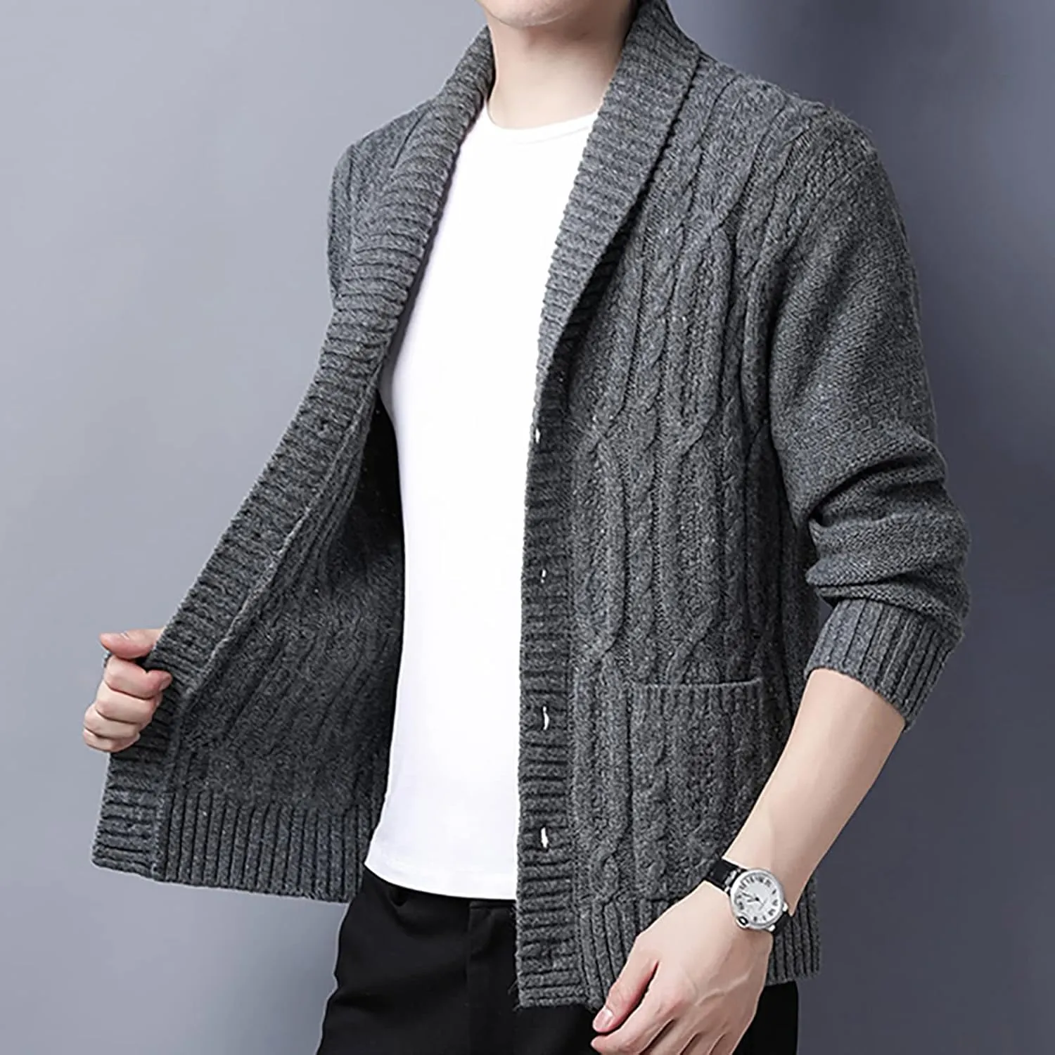utcoco Men's Open Front Cable Knit Cardigan Shawl Collar Button Down Cardigan Sweaters for Men