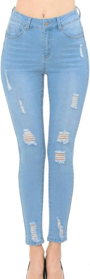 Wax Denim Women's Juniors Push-Up High-Rise Destructed Skinny in True Stretch Fabric (5, Light Blue)