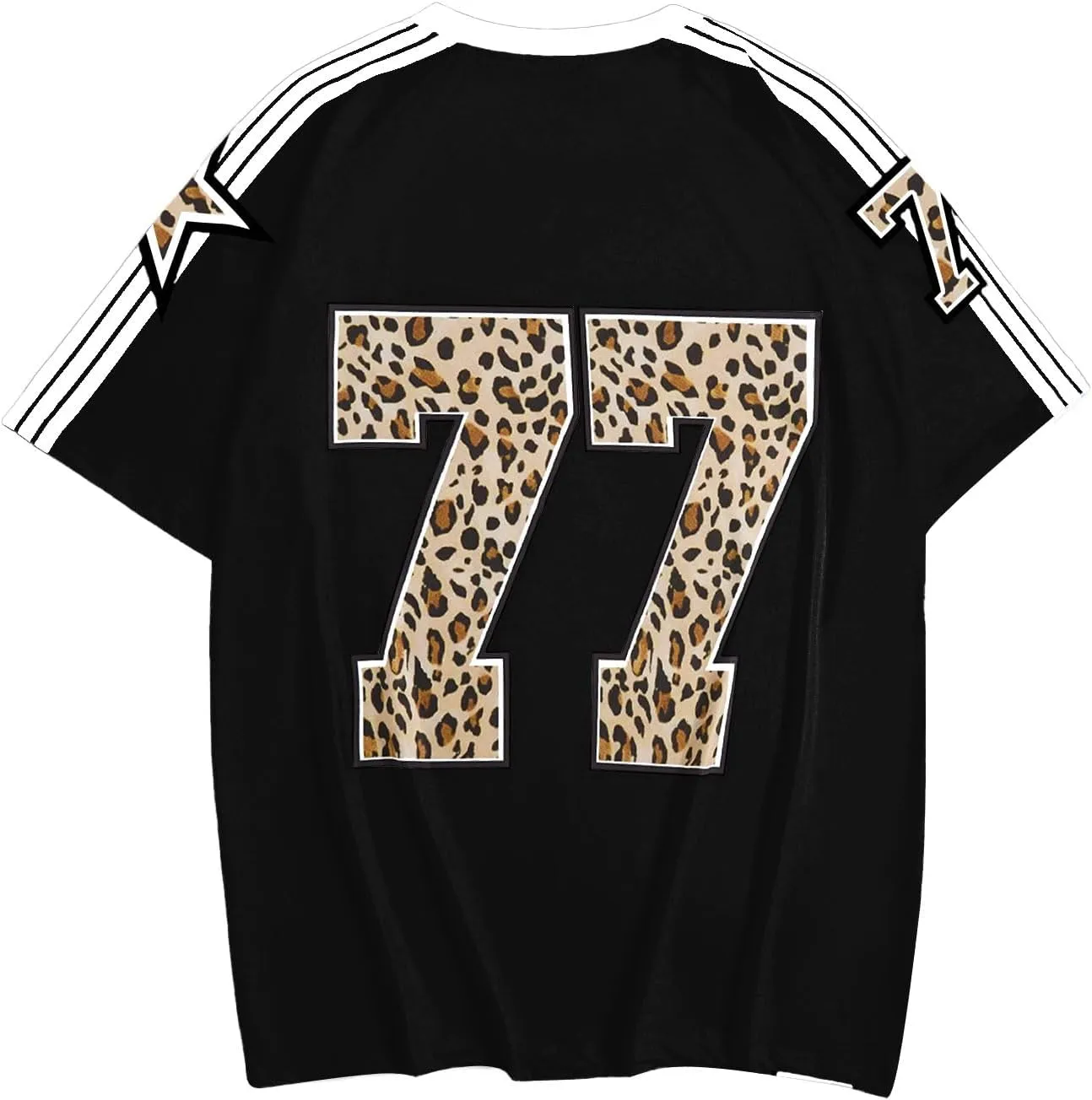 WDIRARA Women's Leopard Number Print Jerseys Oversized Colorblock Drop Shoulder Crew Neck Short Sleeve T-Shirt