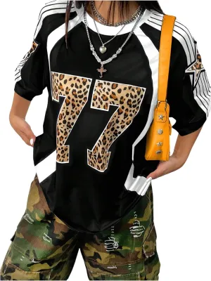WDIRARA Women's Leopard Number Print Jerseys Oversized Colorblock Drop Shoulder Crew Neck Short Sleeve T-Shirt