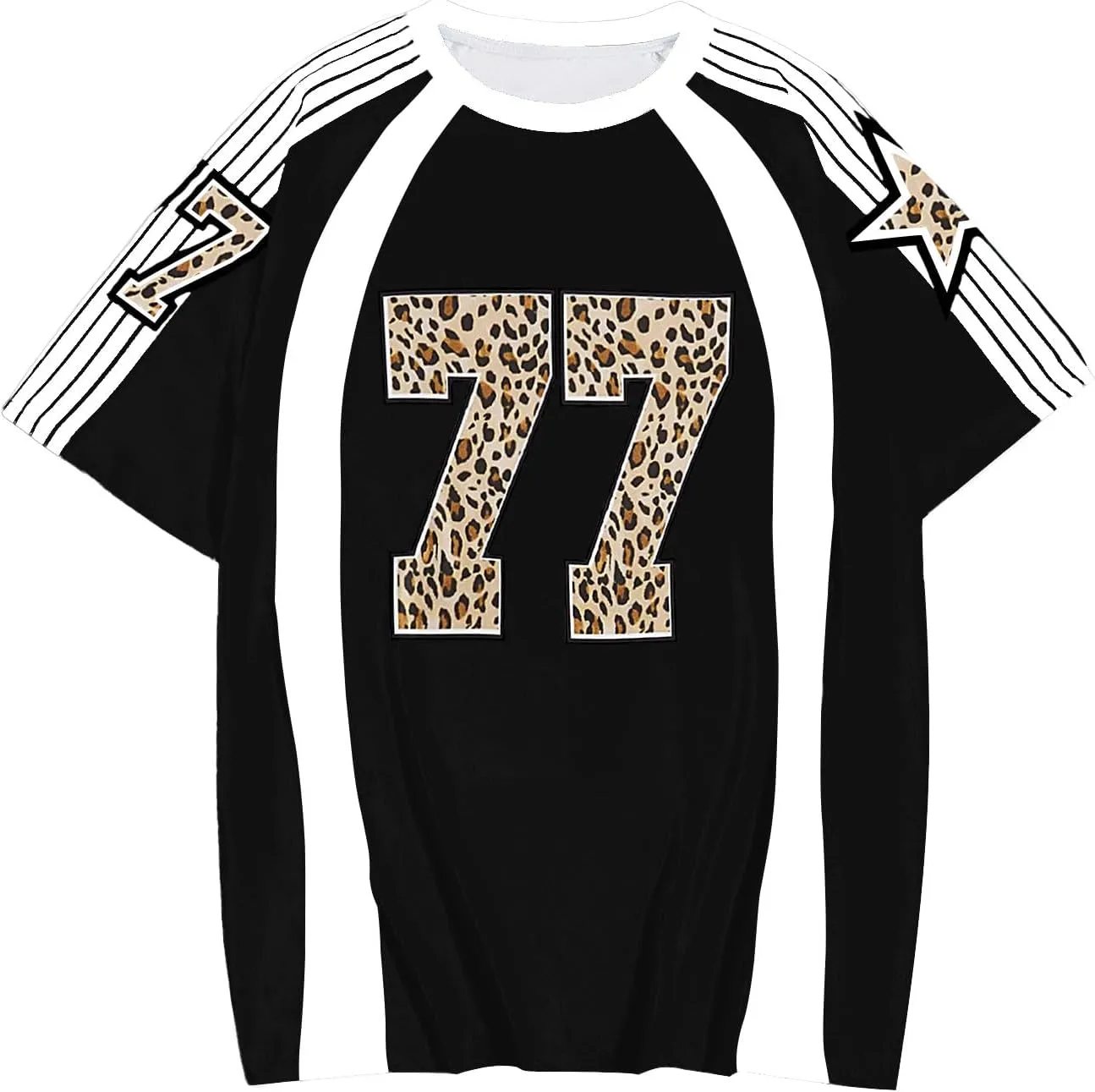 WDIRARA Women's Leopard Number Print Jerseys Oversized Colorblock Drop Shoulder Crew Neck Short Sleeve T-Shirt