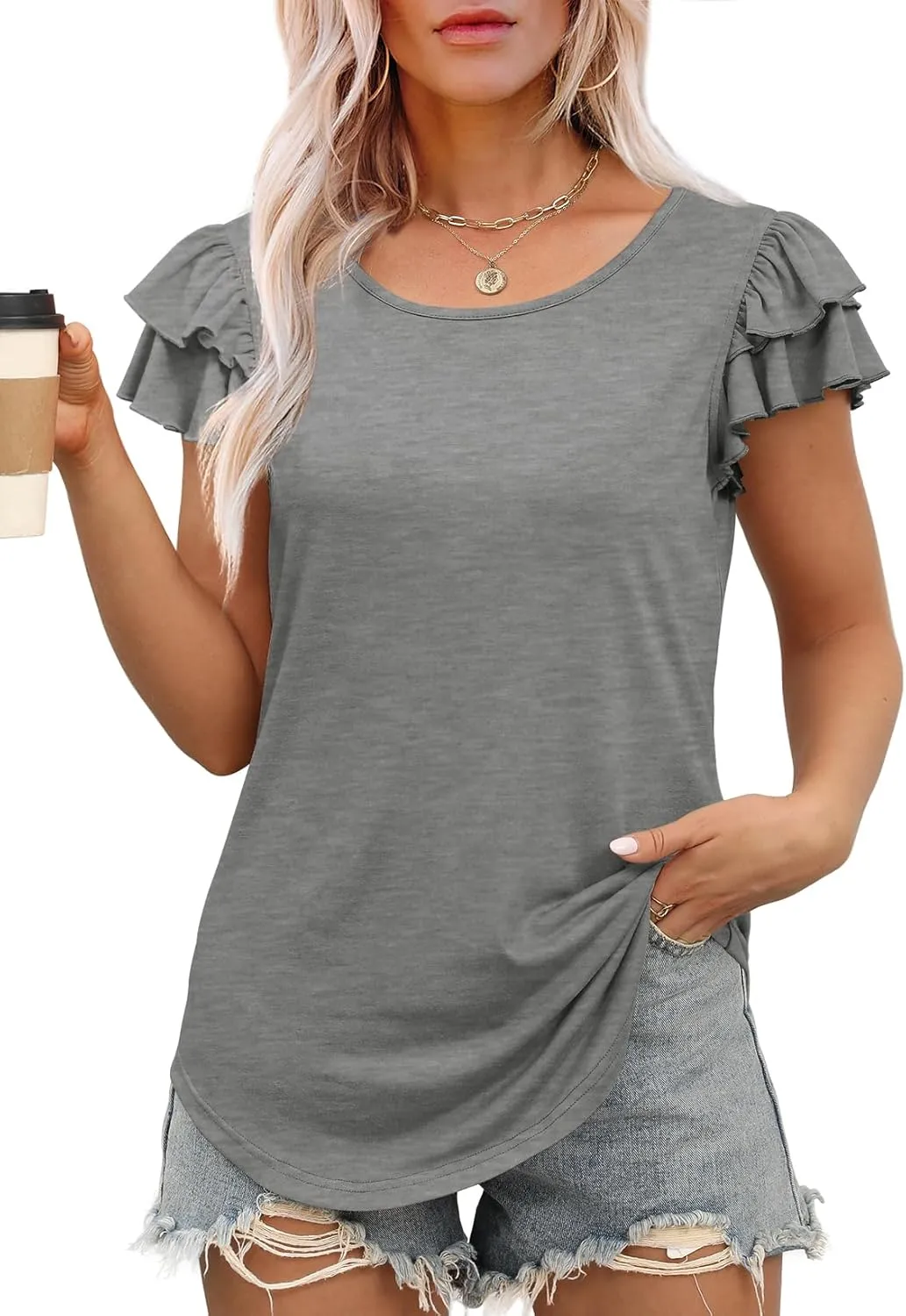 WEESO Womens T Shirts Ruffle Short Sleeve Summer Tops Cute Crew Neck Casual Blouses
