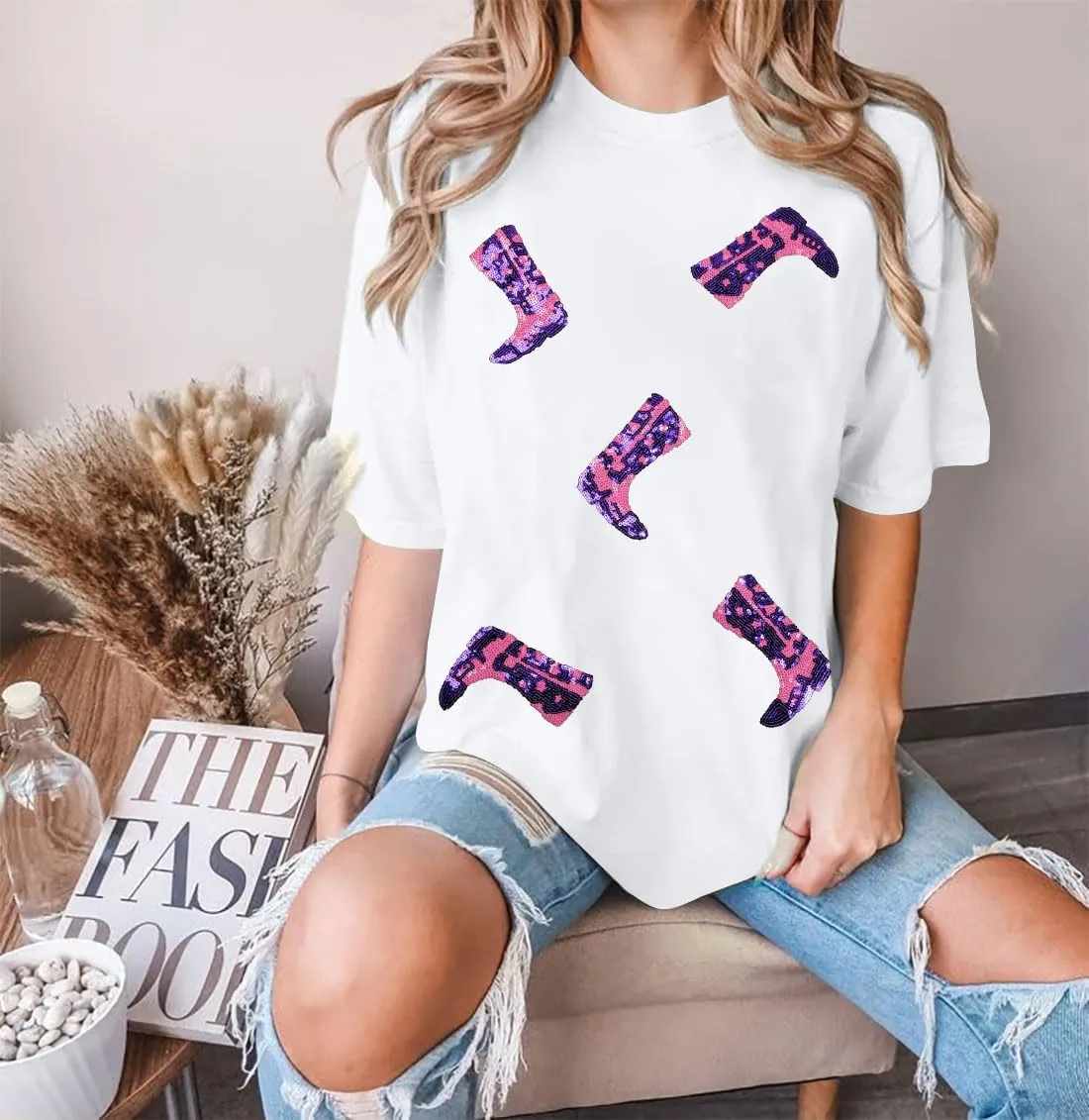Western Oversized Shirts for Women Cowgirl Tshirts Country Music Short Sleeve Boots Sequin Graphic Tee Tops