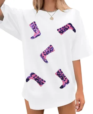 Western Oversized Shirts for Women Cowgirl Tshirts Country Music Short Sleeve Boots Sequin Graphic Tee Tops