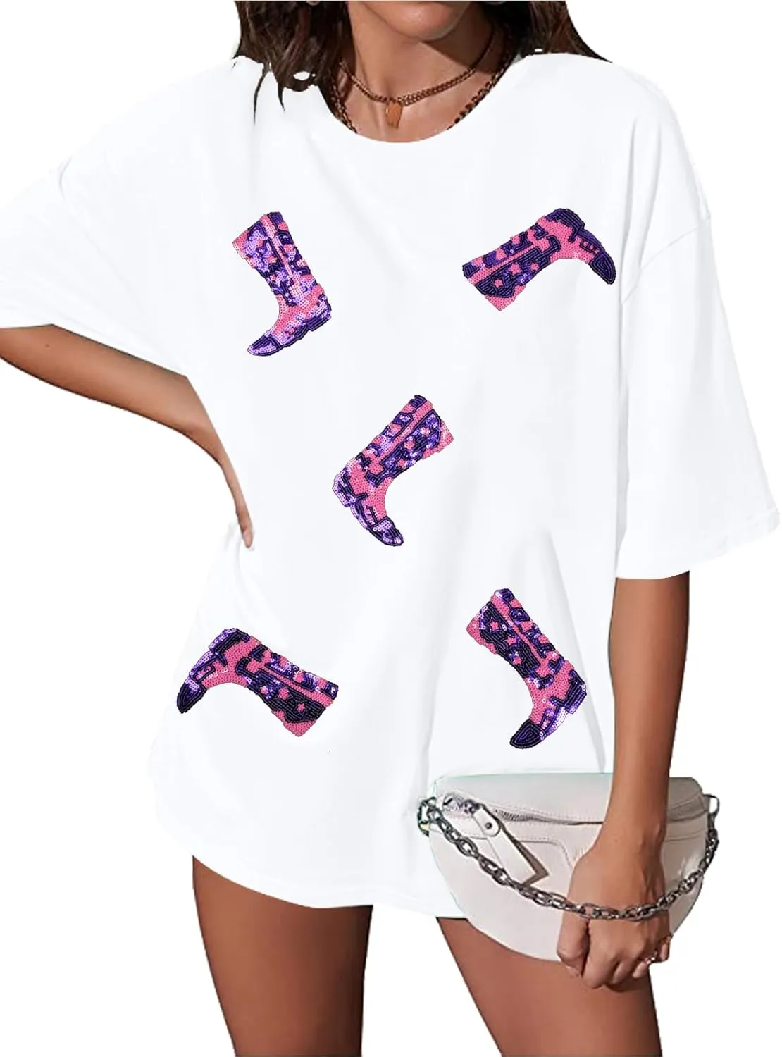Western Oversized Shirts for Women Cowgirl Tshirts Country Music Short Sleeve Boots Sequin Graphic Tee Tops