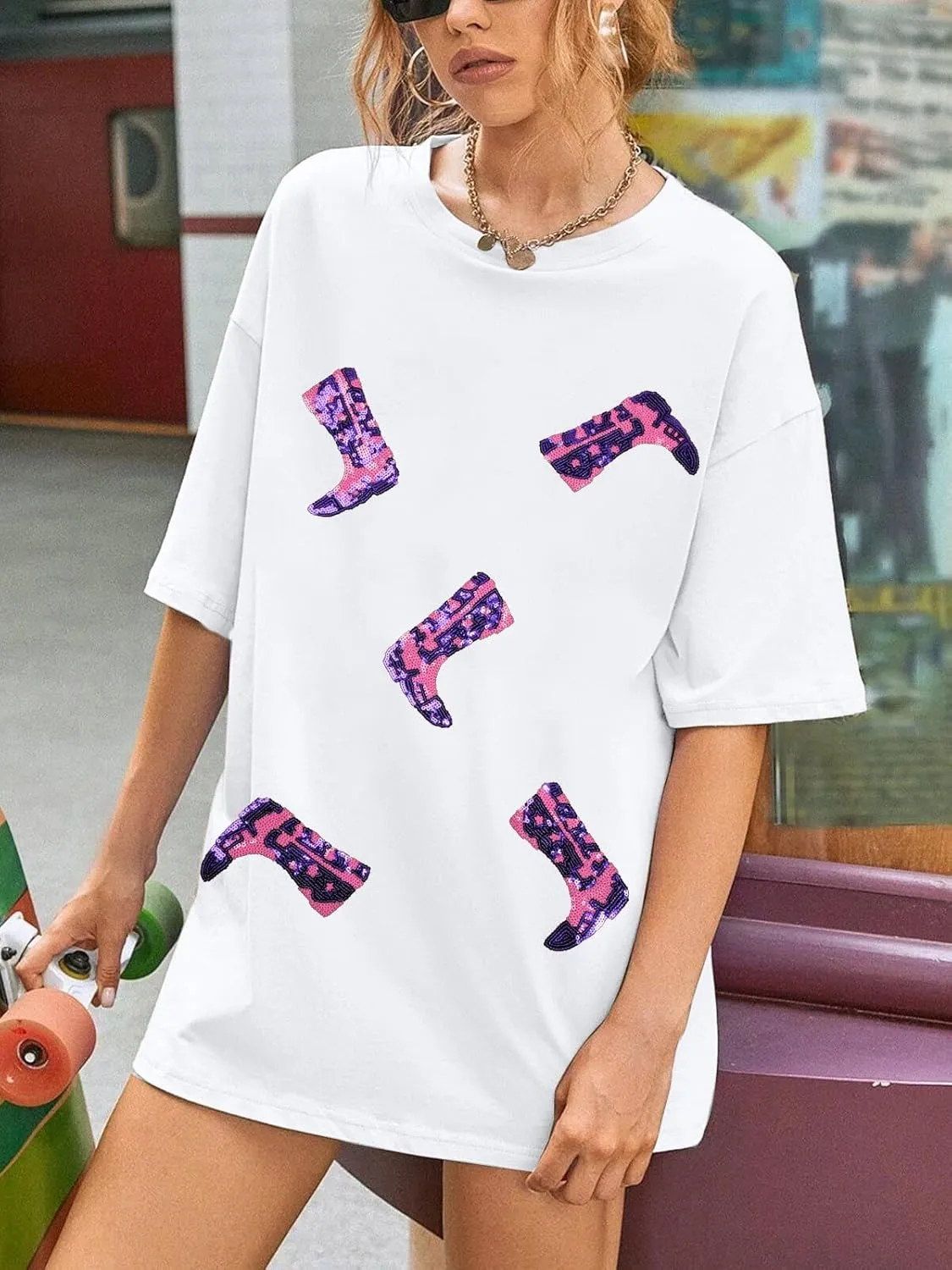 Western Oversized Shirts for Women Cowgirl Tshirts Country Music Short Sleeve Boots Sequin Graphic Tee Tops