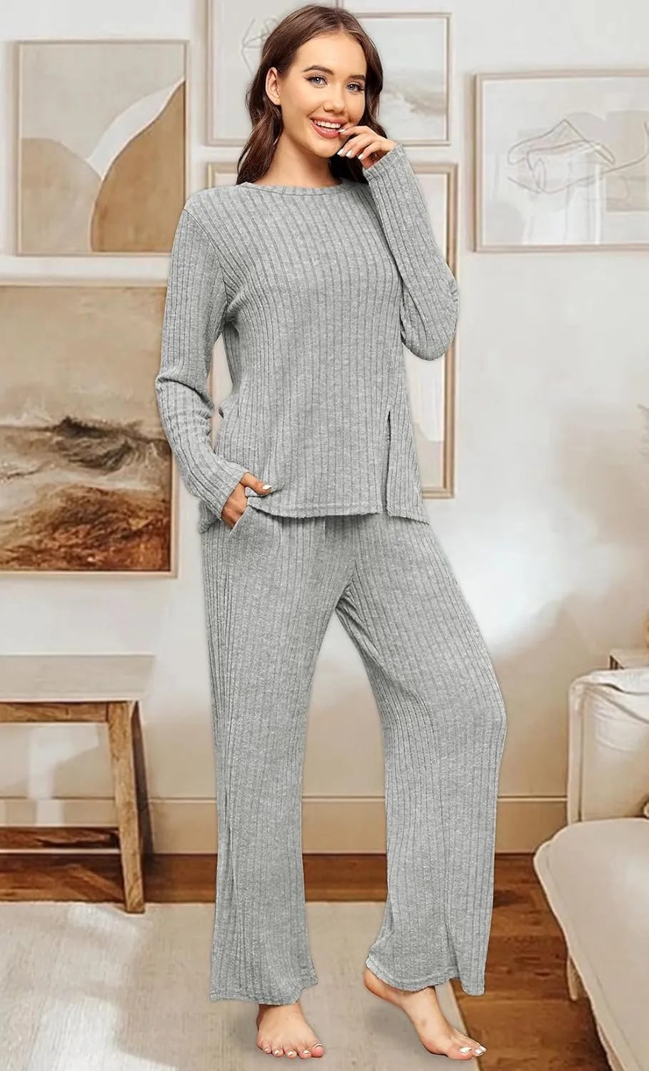 WIHOLL Womens Two Piece Outfits Lounge Sets Cozy Sweater Loungewear with Pockets