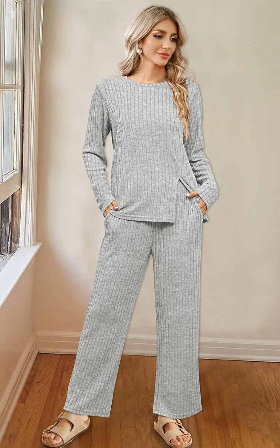 WIHOLL Womens Two Piece Outfits Lounge Sets Cozy Sweater Loungewear with Pockets