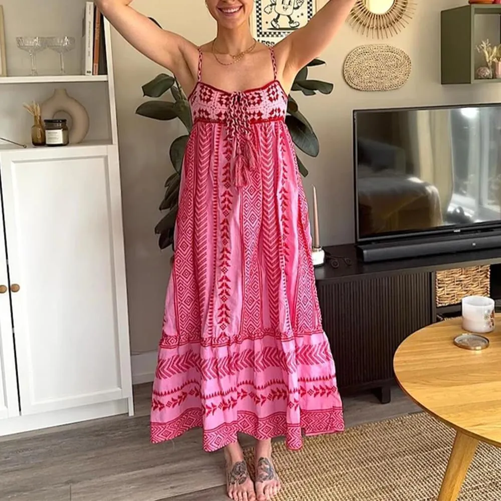 Women Boho Maxi Dress Crochet Patchwork Sleeveless Long Flowy Swing Dress Pink Beach Sundresses