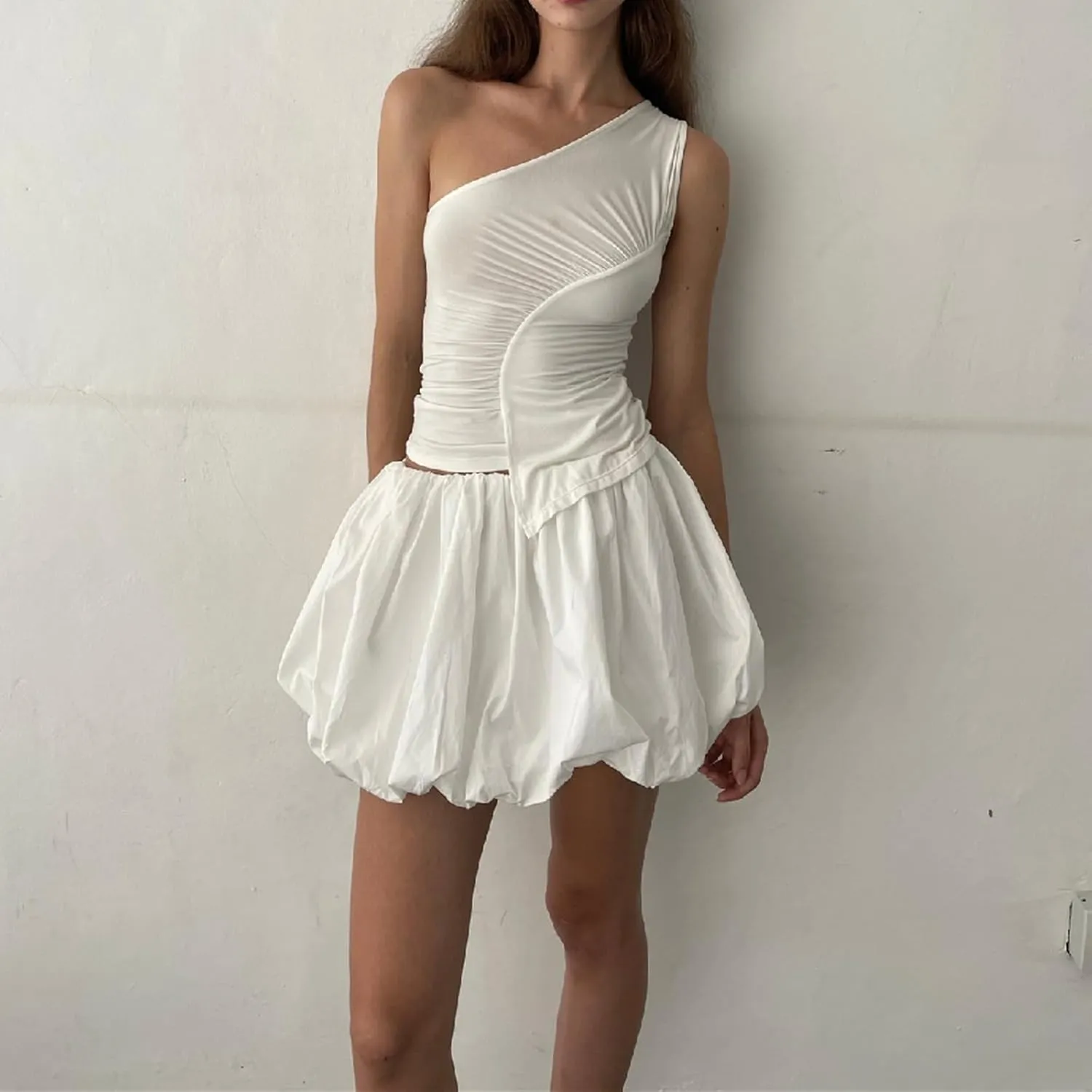 Women Bubble Skirt Y2k Ruffle Hem Mini Puffy Balloon Skirts Fairy Cute Streetwear