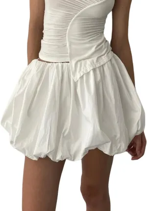 Women Bubble Skirt Y2k Ruffle Hem Mini Puffy Balloon Skirts Fairy Cute Streetwear
