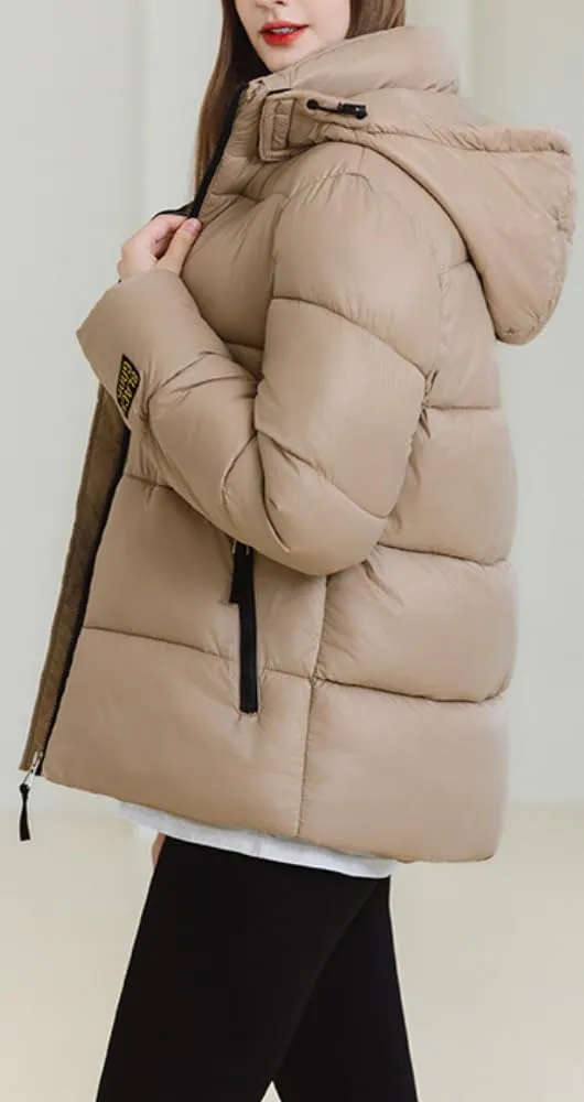 Women Cute Solid Casual Lapel Hooed Zip Down Jacket Pockets Quilted Parka Jacket Puffer Warm Thicken Coat