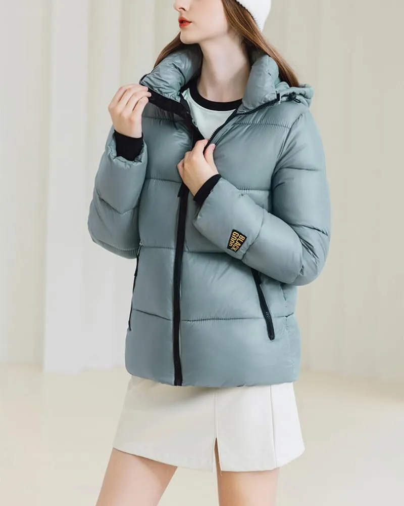 Women Cute Solid Casual Lapel Hooed Zip Down Jacket Pockets Quilted Parka Jacket Puffer Warm Thicken Coat