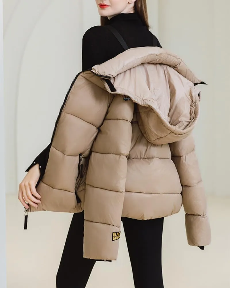 Women Cute Solid Casual Lapel Hooed Zip Down Jacket Pockets Quilted Parka Jacket Puffer Warm Thicken Coat