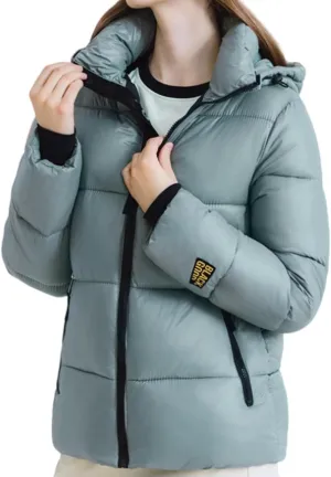 Women Cute Solid Casual Lapel Hooed Zip Down Jacket Pockets Quilted Parka Jacket Puffer Warm Thicken Coat