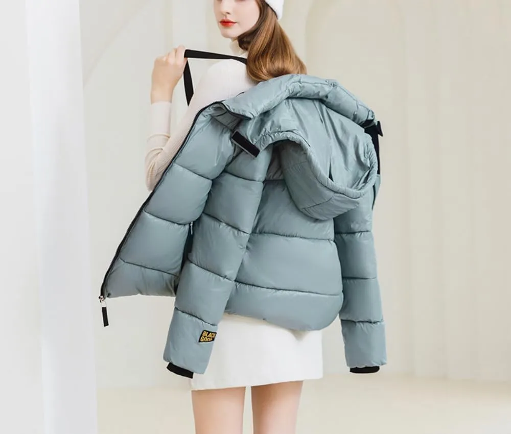 Women Cute Solid Casual Lapel Hooed Zip Down Jacket Pockets Quilted Parka Jacket Puffer Warm Thicken Coat