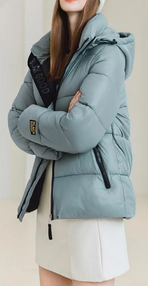 Women Cute Solid Casual Lapel Hooed Zip Down Jacket Pockets Quilted Parka Jacket Puffer Warm Thicken Coat
