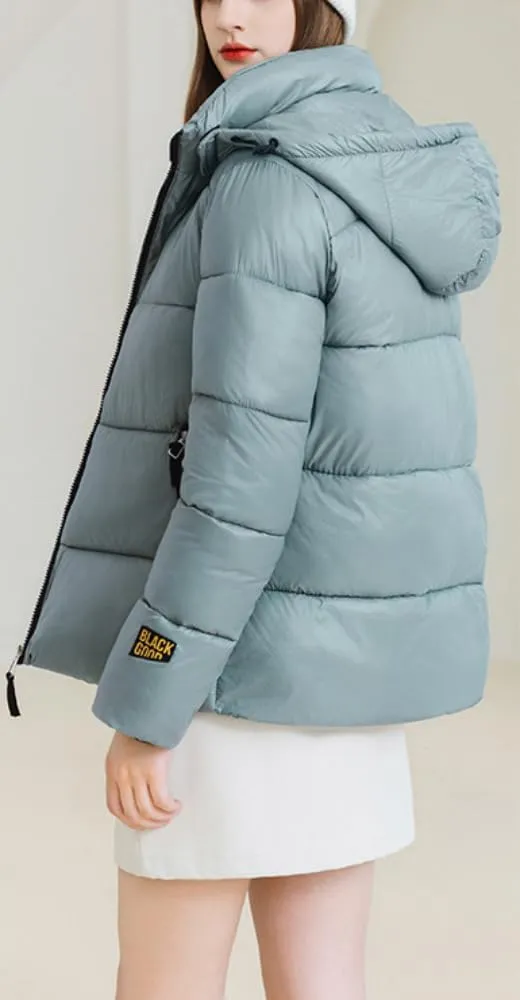 Women Cute Solid Casual Lapel Hooed Zip Down Jacket Pockets Quilted Parka Jacket Puffer Warm Thicken Coat