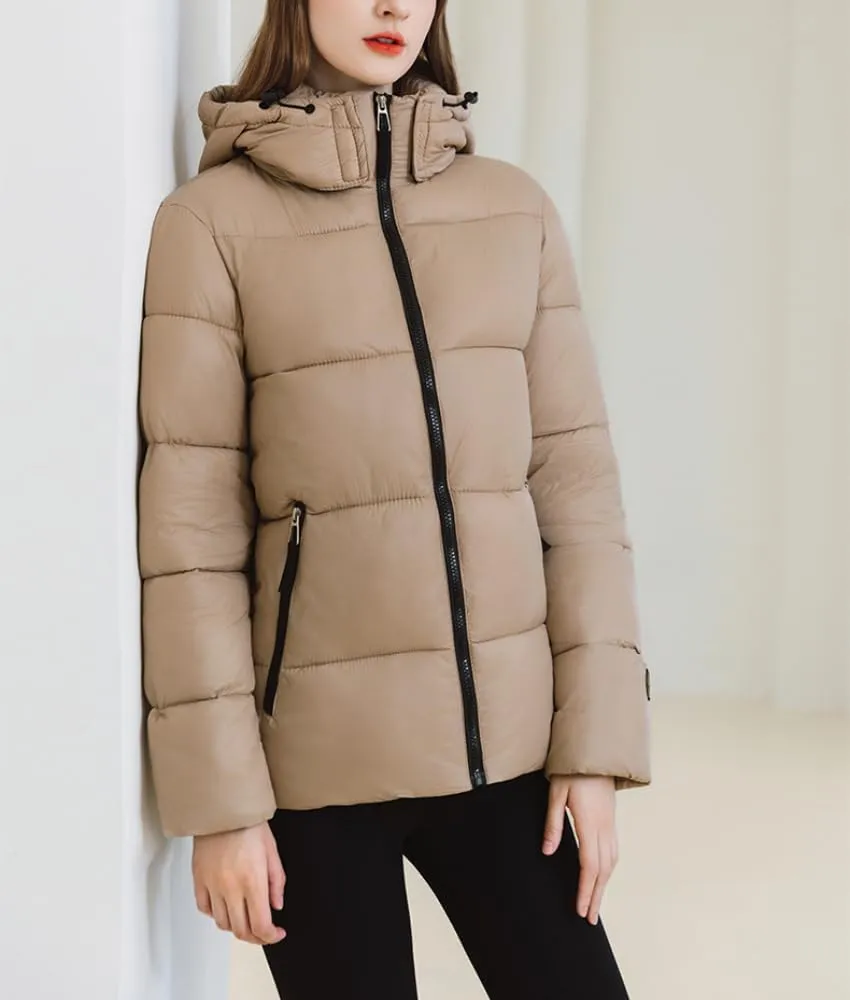 Women Cute Solid Casual Lapel Hooed Zip Down Jacket Pockets Quilted Parka Jacket Puffer Warm Thicken Coat