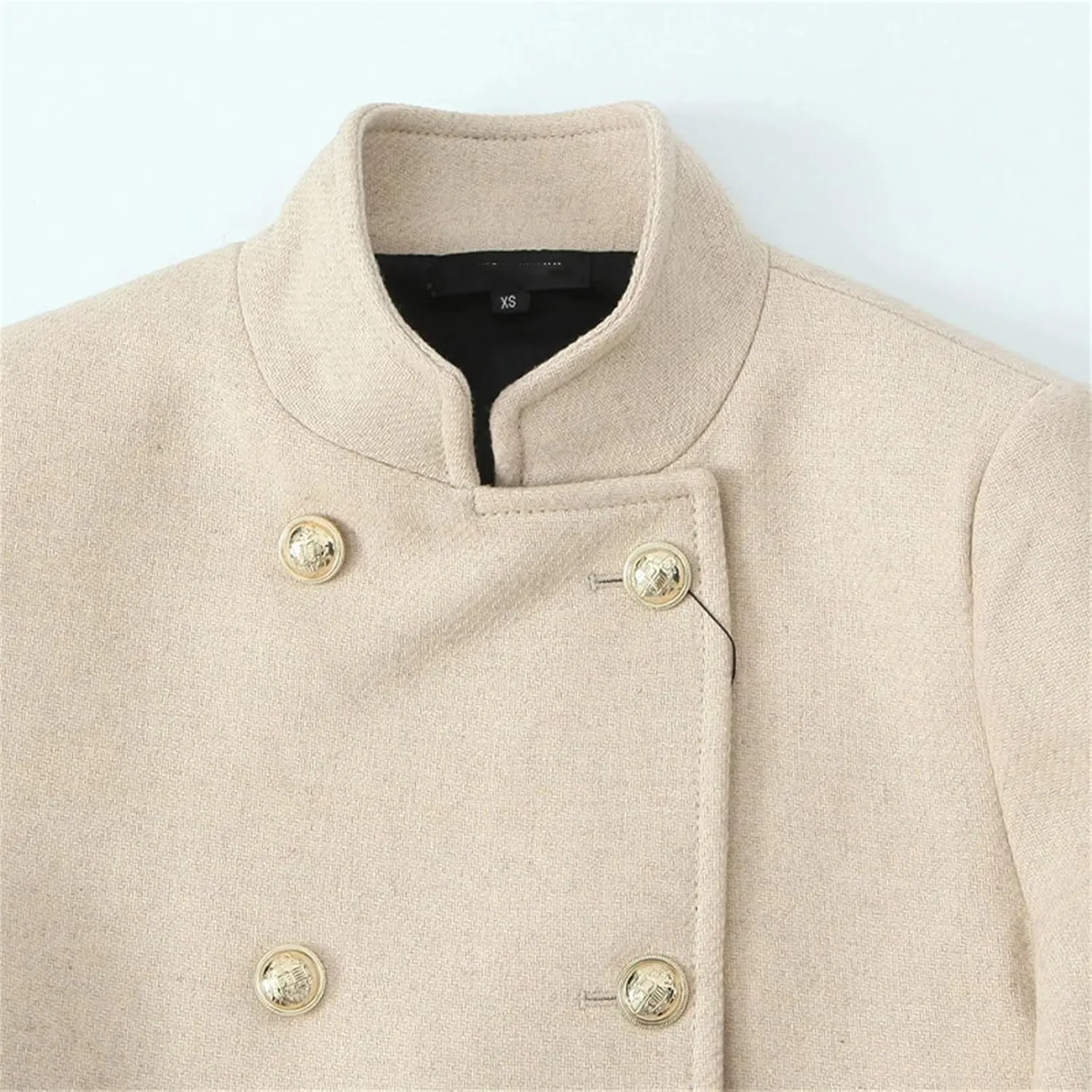 Women Fashion Double Breasted Wool Blend Trench Coats Vintage Turtleneck Chic Pea Coat Outwear